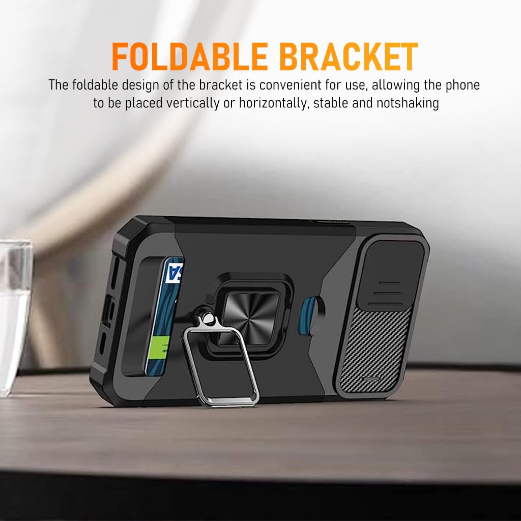 ZORBES® Phone Case for iPhone 14 Multifunctional Phone Case with Folding Phone Ring Grip, Sliding Camera Cover, Card Storage Slot, TPU Anti-Scratch Phone Cover for iPhone 14