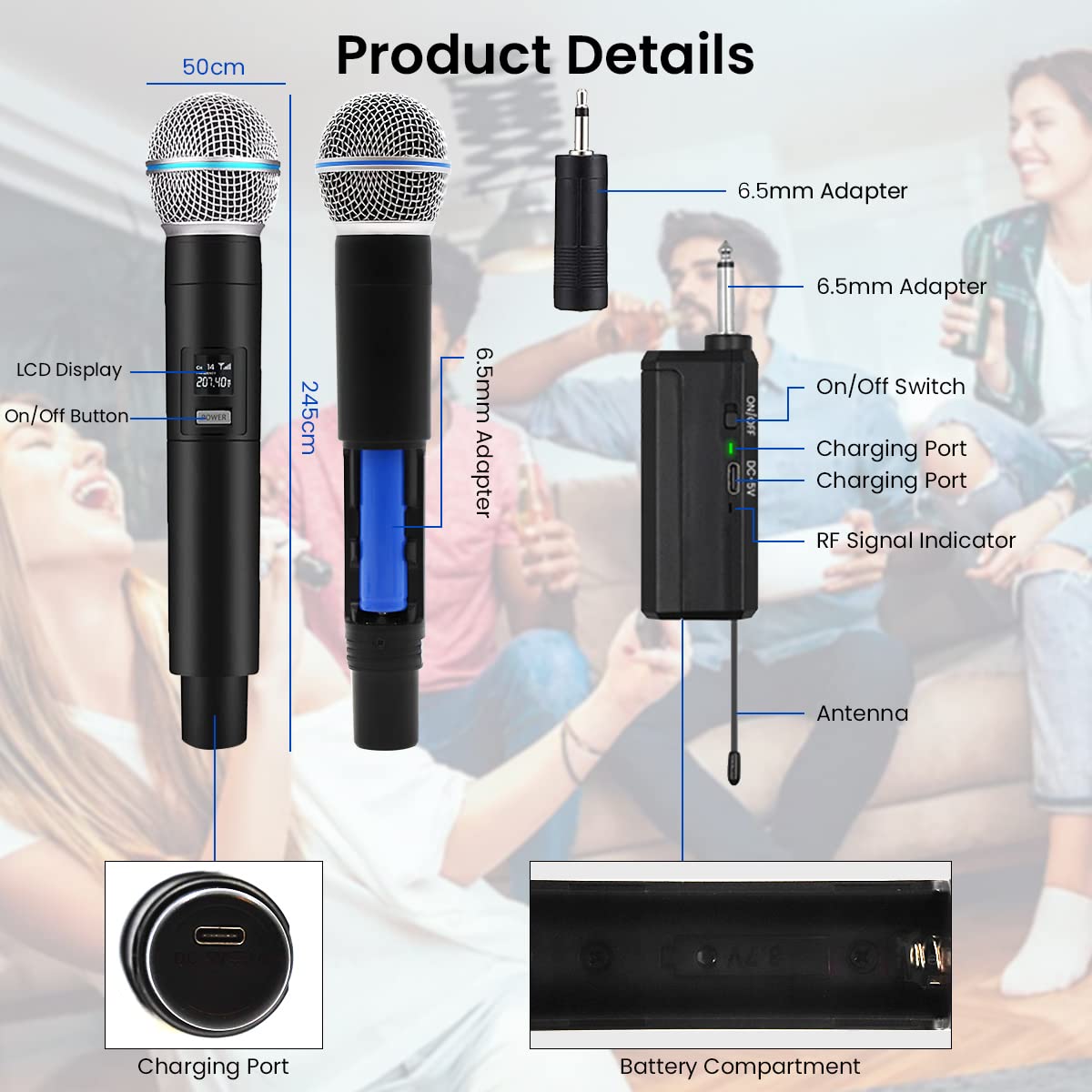 ZORBES® Handheld Wireless Microphone with Bluetooth Receiver Cardioid Dynamic Microphones Mic with 6.35mm Jack to 3.5mm Jack Adapter for Karaoke Machine, Speaker, Mixer, Audio System