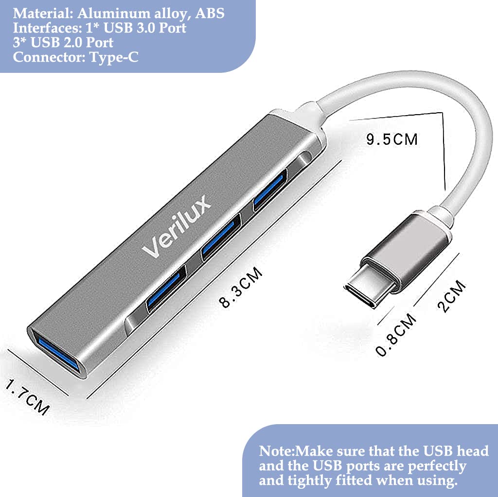 Verilux USB Hub 3.0 featuring 4 in 1 ports for PC and laptop with 5Gbs transfer speed | plug and play