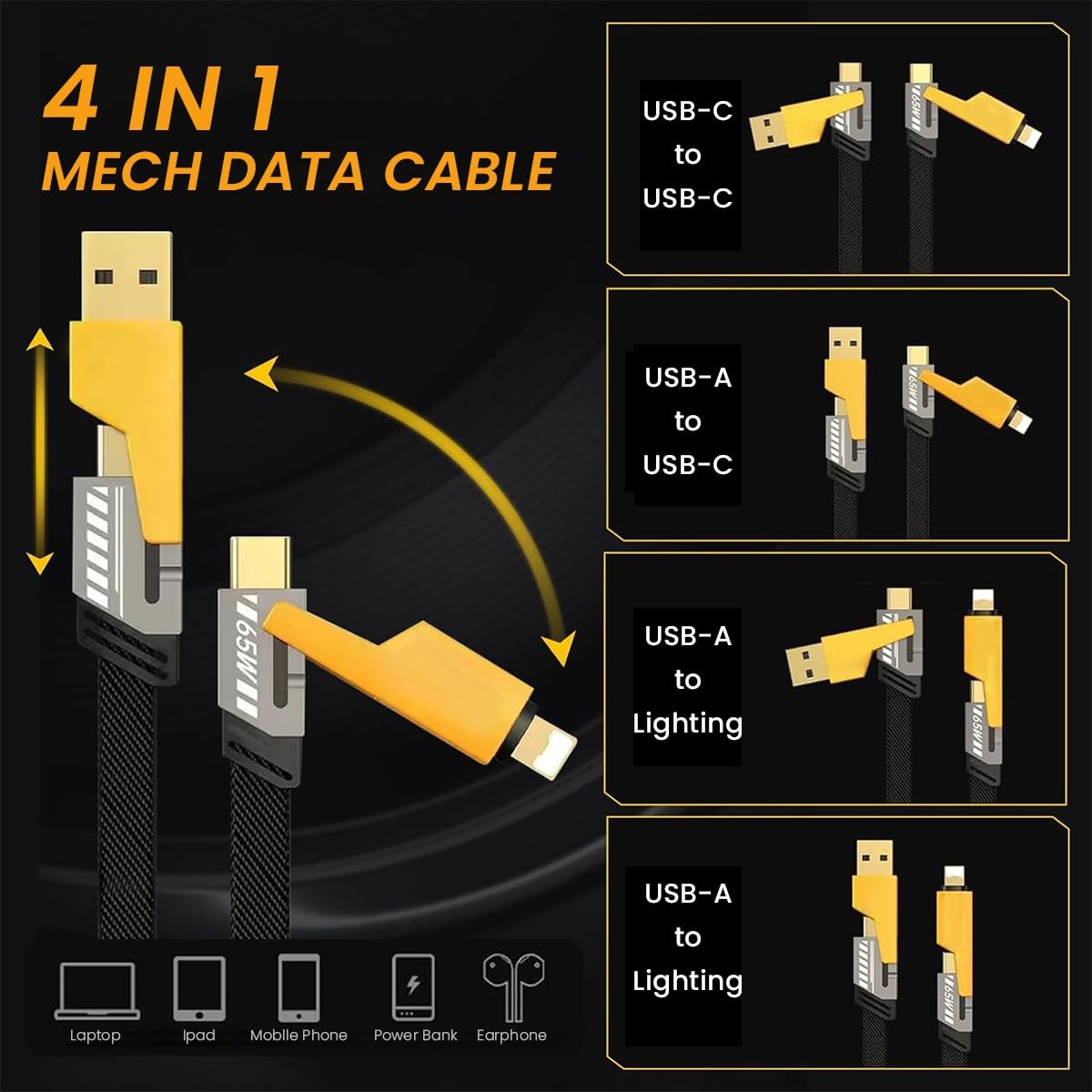 Verilux USB Type C Cable 4 In 1 3.3Ft with PD 65W Fast Charging & 480Mbps Data Transfer | Braided Nylon