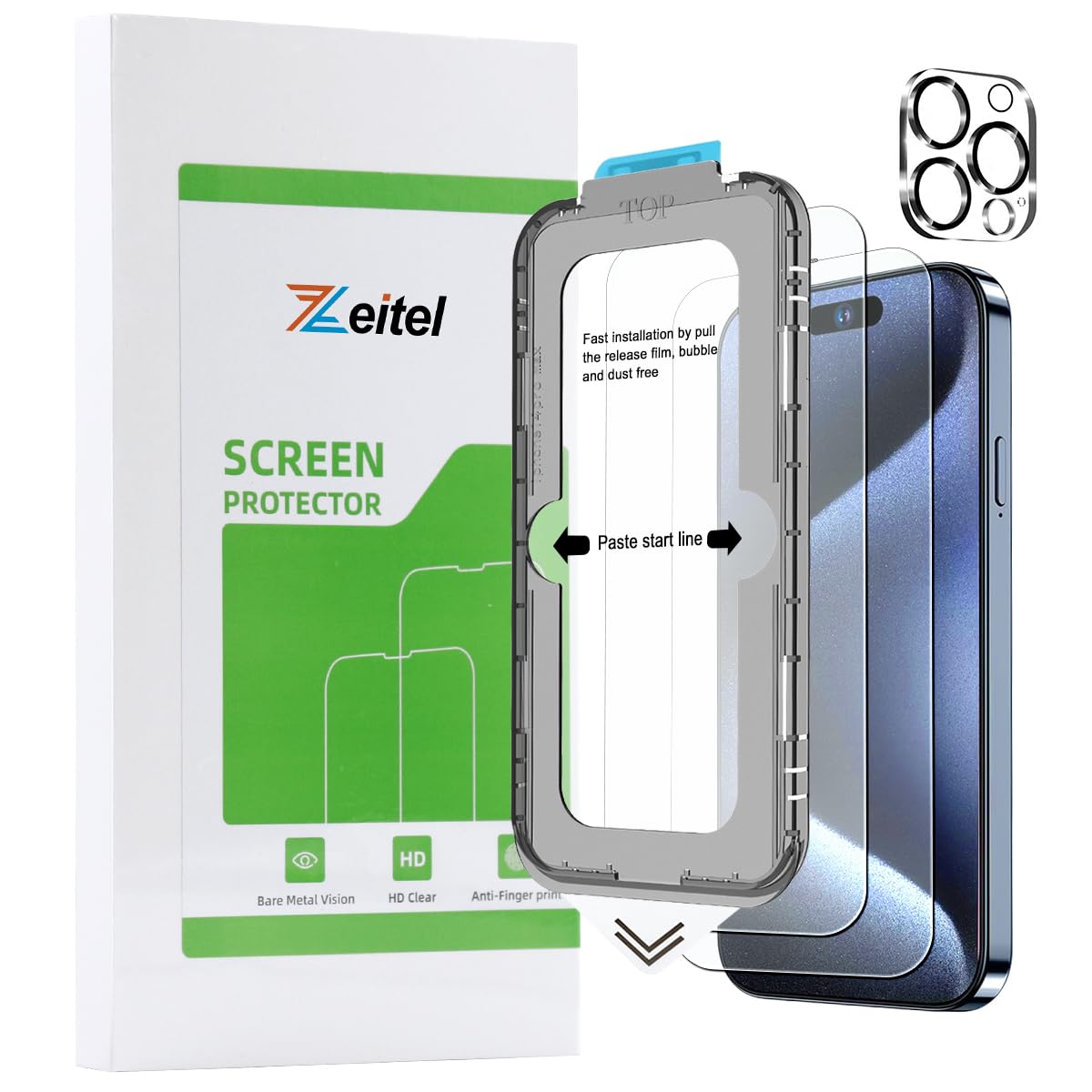 Zeitel® Tempered Glass Suitable for iPhone 15 Pro 6.1 Inch with Anti Fingerprint Screen Protector Auxiliary Installation Kit 2 Scratch Resistant Screen Protectors and 1 Lens Protector