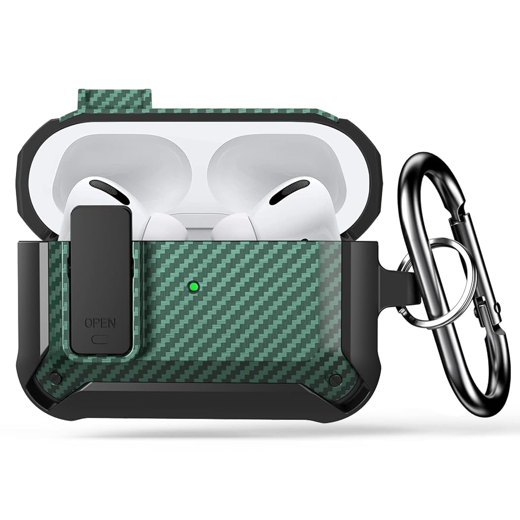 ZORBES® TPU Airpods Pro Case Fashion Carbon Fiber Design Airpods Pro Cover Airpods Pro Shockproof Case with Carabiner Support Wireless Charging,Green