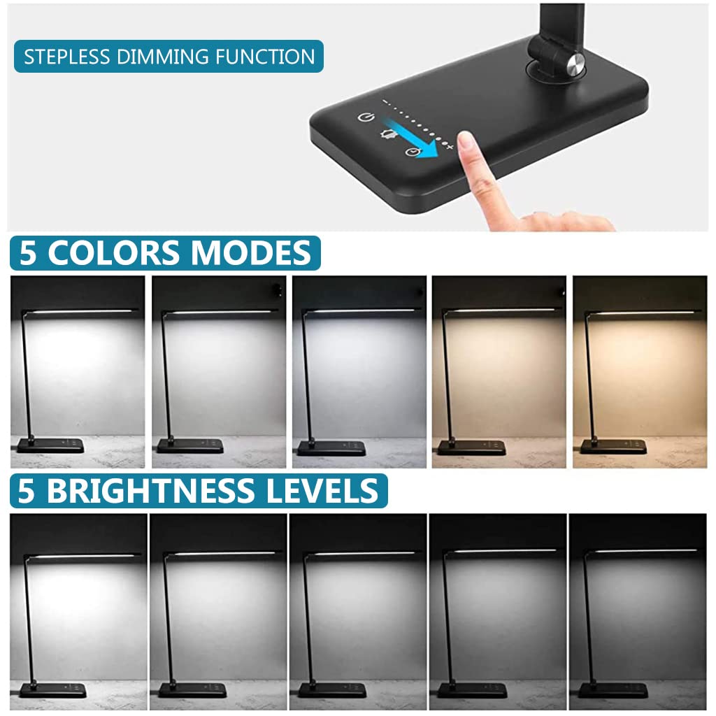 Verilux 5-Color Study Lamp Desk Lamp USB Dimmable 2700~6200K Table Lamp for Study Led Light Aluminum Alloy Foldable Light Tube Touch Button Control, Eye-friendlySupport Timing Function