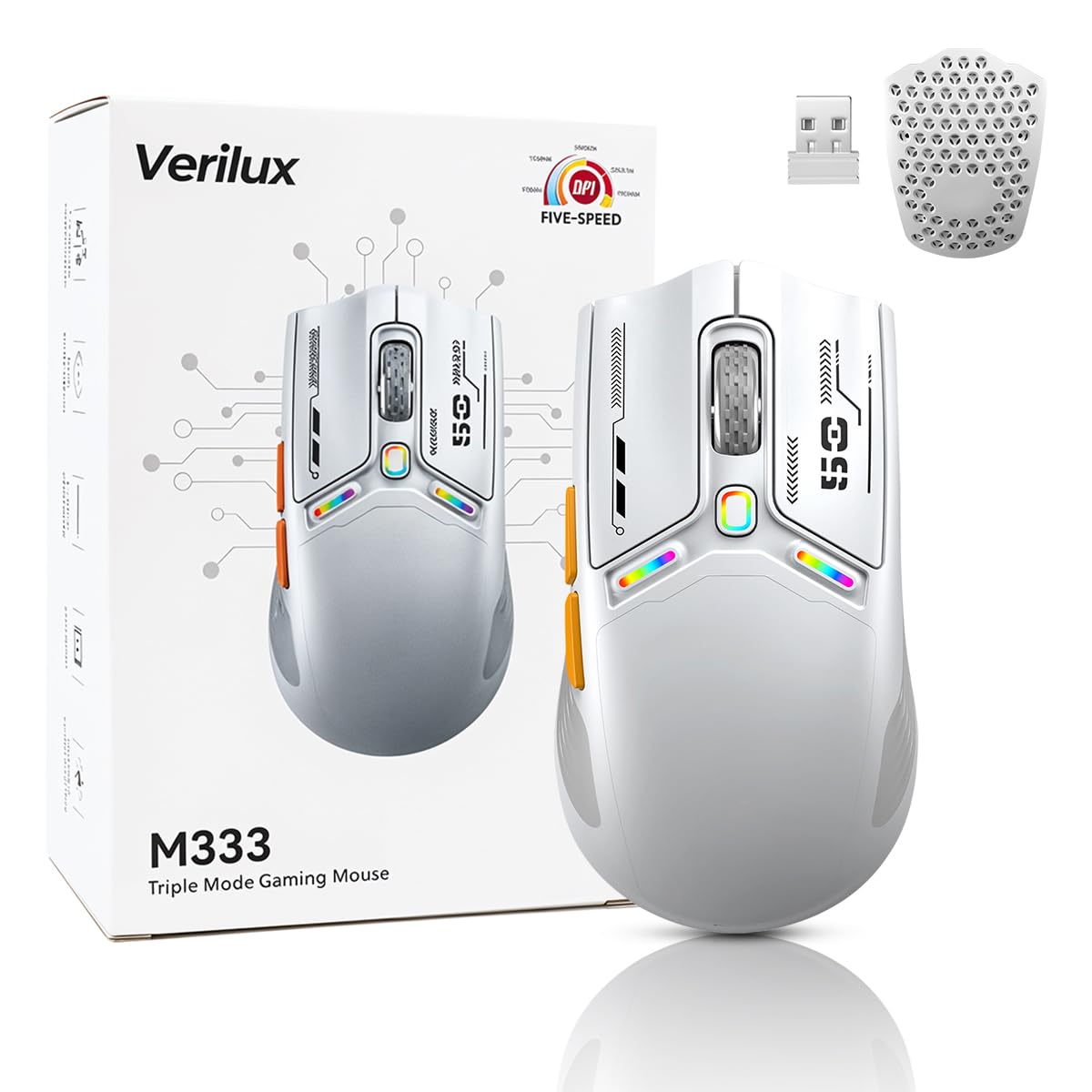 Verilux Wireless Gaming Mouse for Esports with 12000 DPI Sensor and Swappable Shells | White