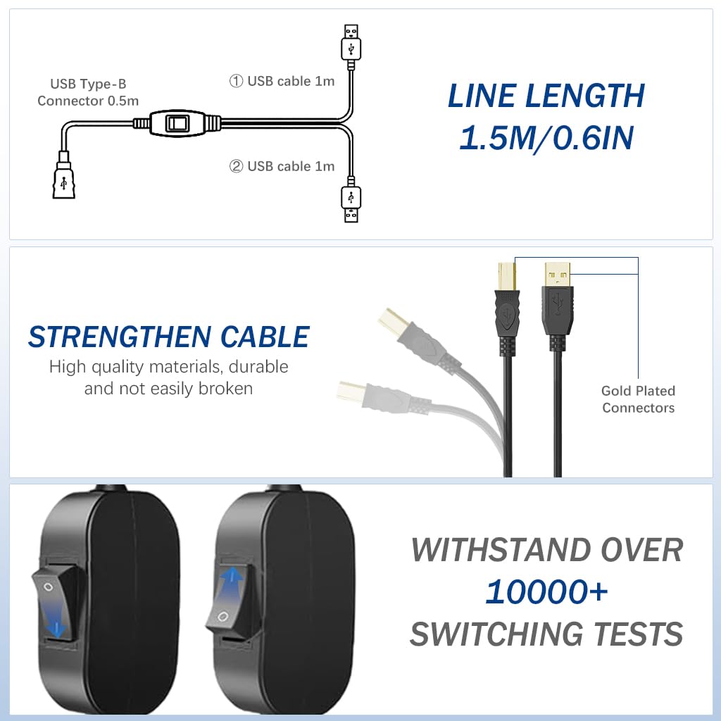 Verilux® 5FT Printer Cable with Switcher, Dual USB to USB-B Printer Cable for Two Computers Nylon Gold Plated Printer Cable for HP, Canon, Dell, Epson, Lexmark, Xerox, Samsung and More