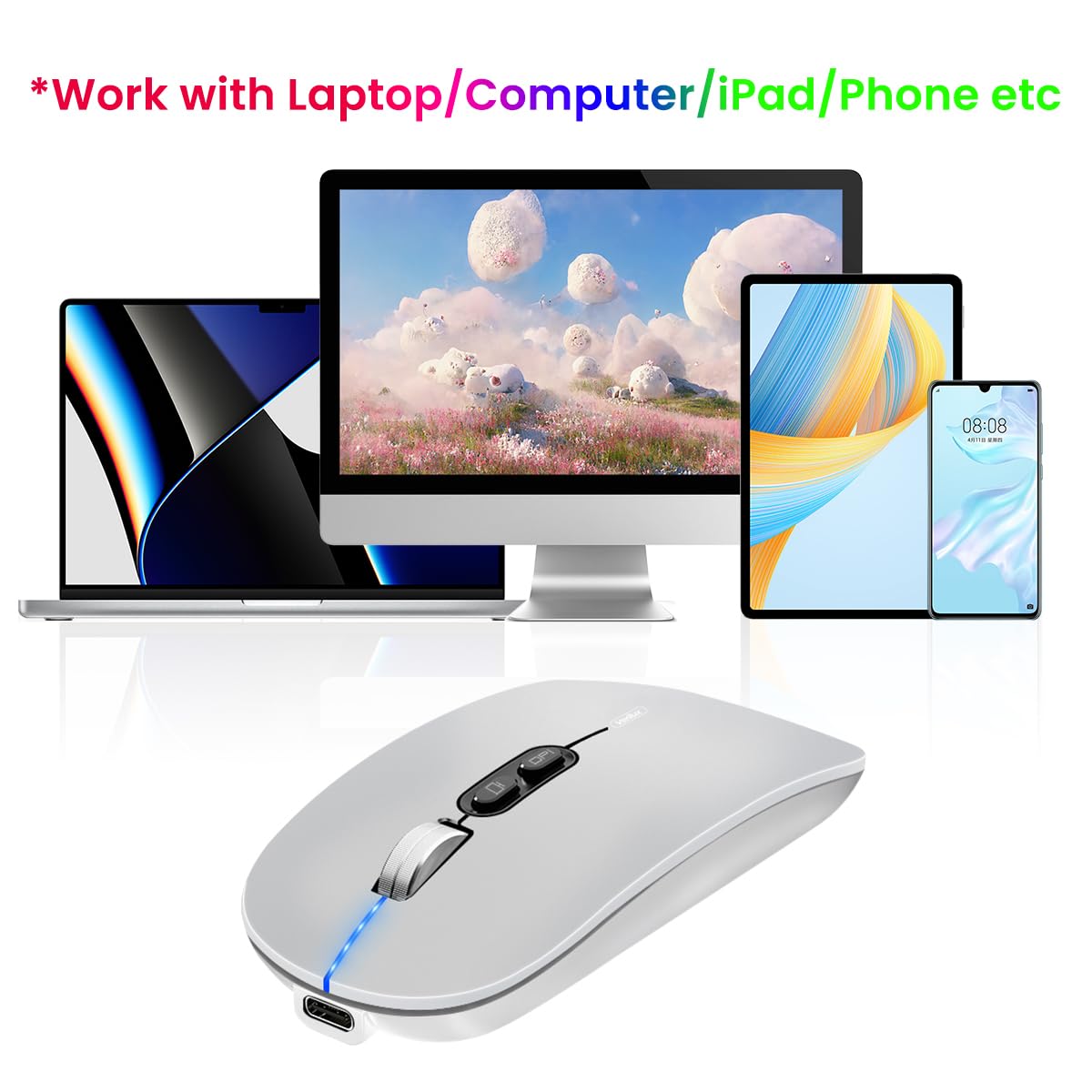 Verilux Wireless Mouse for Laptop with Dual Mode 2.4G & Bluetooth 5.1, 1600DPI Ergonomic Silent Design | White