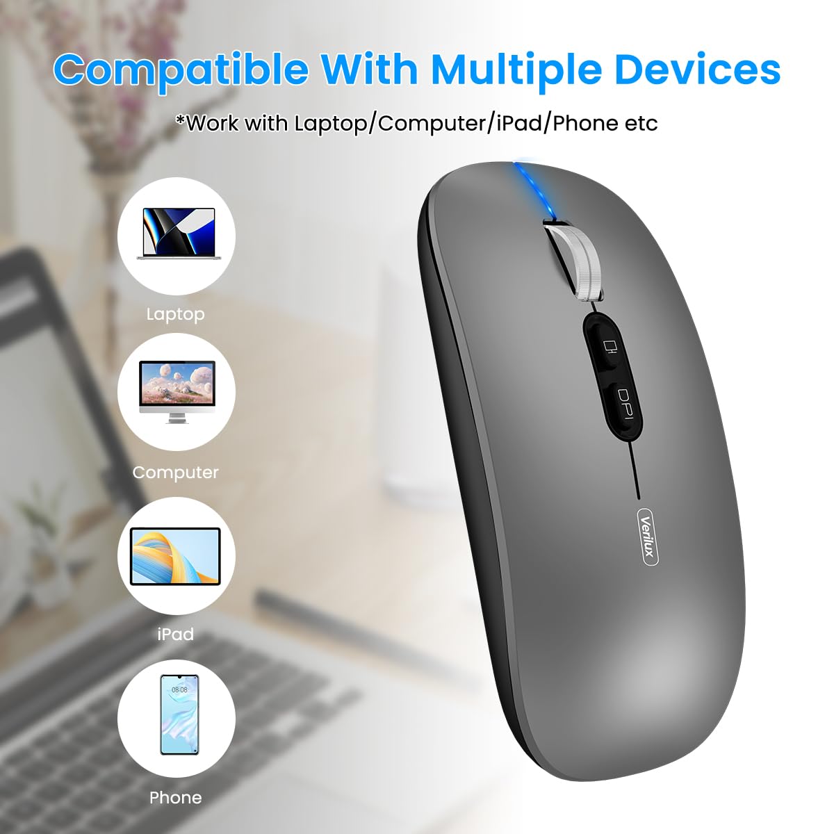 Verilux Wireless Mouse for Laptop featuring Dual Mode 2.4G and Bluetooth 5.1 | 1600DPI Ergonomic Silent Grey 2PCS