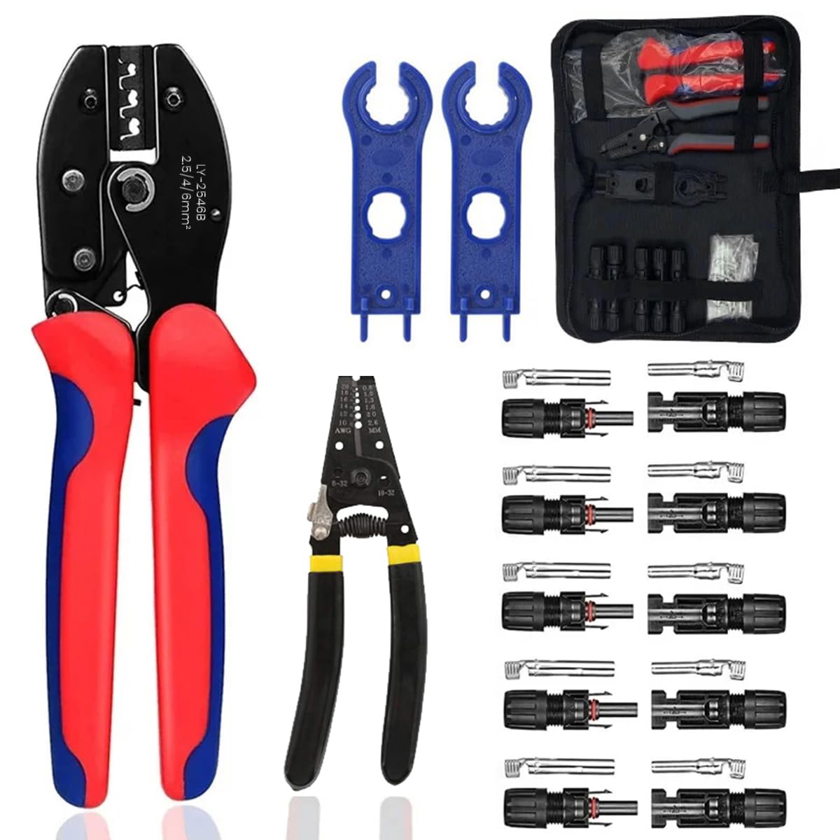Serplex® Solar Crimper Tool Kit Wire Stripper Crimping Tool with Tool Bag, 5 Pairs MC4 Connectors, Spanner Wrench for Solar Panel Cable Assembly and Installation