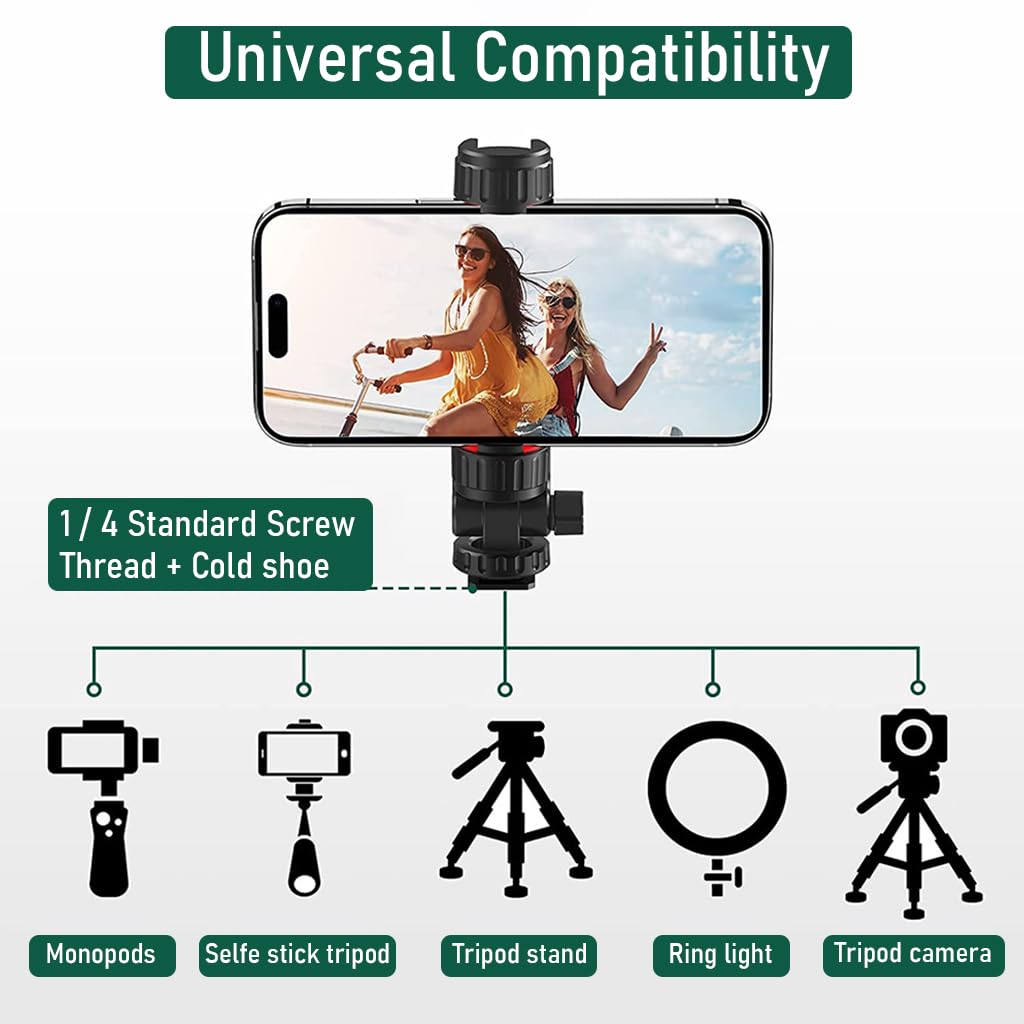 ZORBES® Phone Mount for Tripod Stand, Smartphone Mount Adapter for Tripod Stand Retractable Phone Holder 360° Rotates and 180° Tilts Angle Universal 1/4" Mount Phone Holder for Tripod, Camera