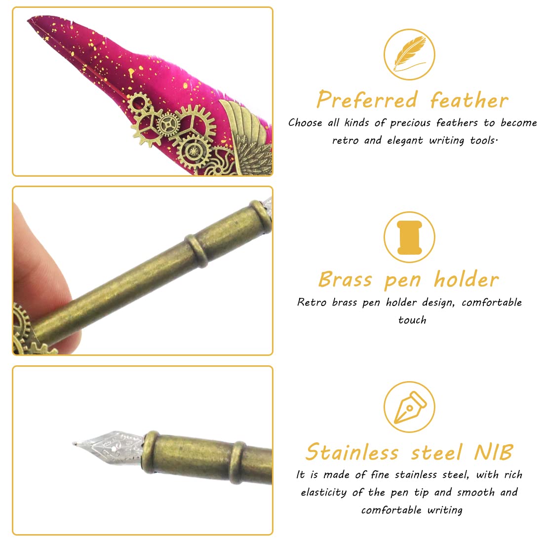 ZORBES® Red Mechanic Style Quill Calligraphy Feather Pen and Blue Ink Set with 2 Replacement Nibs and Pen Holder, Vintage Signature Fountain Pen Dip for Gift