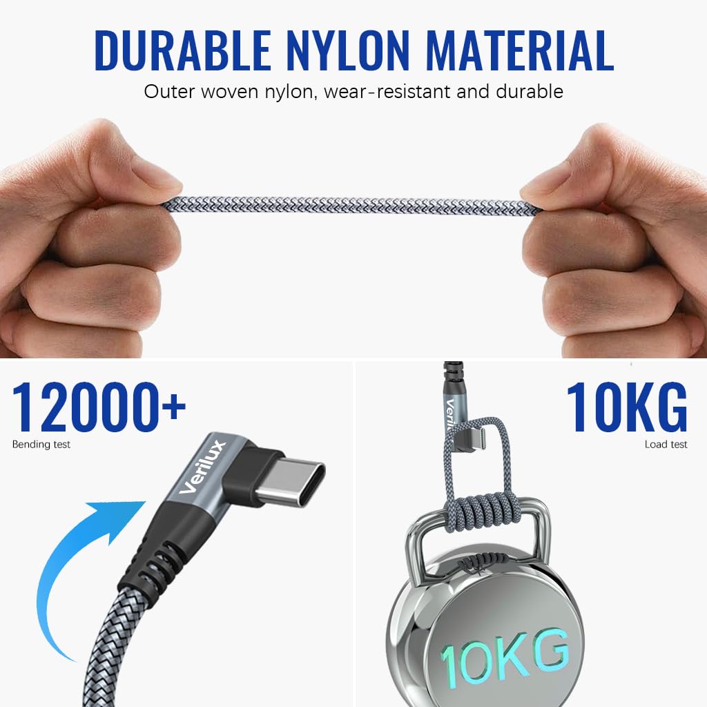 Verilux® Type C Charging Cable for Phone PD 60W Fast Charging Type C Cable 90 Degree Plug Design Type C to Type C Cable Data Cable 10ft Long Braided Nylon Type C Cable for Phone, Tablet