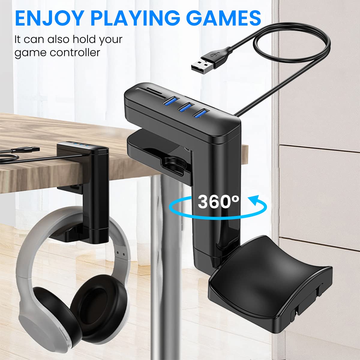 ZORBES® Headphone Stand with USB Cable, Tabletop Headset Headphone Hook Mount Headphone Stand with Data Transfer, USB Charging Support TF/SD, Under Desk Headphone Holder, PC Gamer Headset Holder