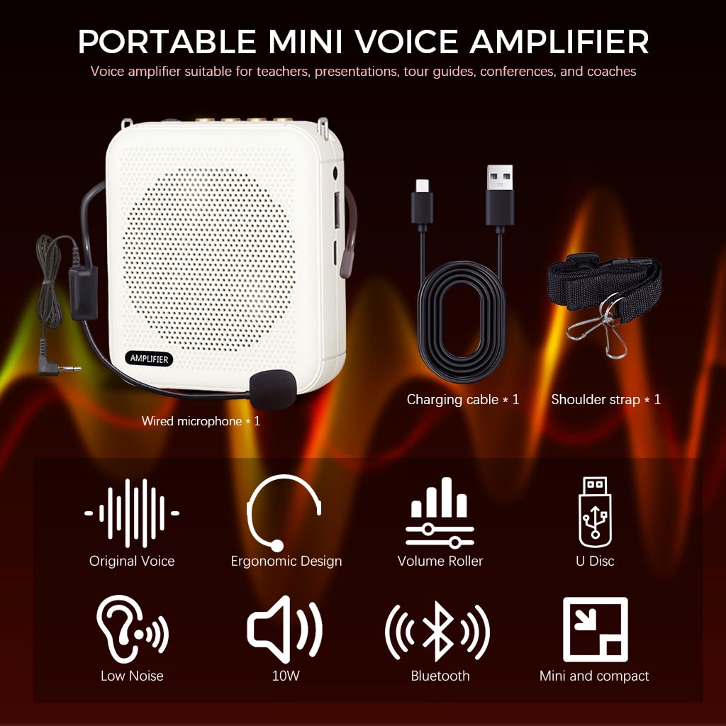 ZORBES® 10W Mini Voice Amplifier Portable Rechargeable with Wired Microphone Headset & Waistband, Voice Amplifier for Teachers, Presentation, Tour Guides, Meeting, Coaches(White)