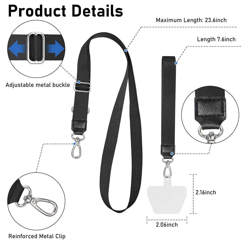 ZORBES® 2pcs Phone Neckstrap with Adjustable 23.6" Lanyard & 7.7" Handstrap, Anti-Lost Adhesive Inserts, Quick Release Clip, Durable Polyester, Multi-Use for All Phone Cases, Black & White Combo