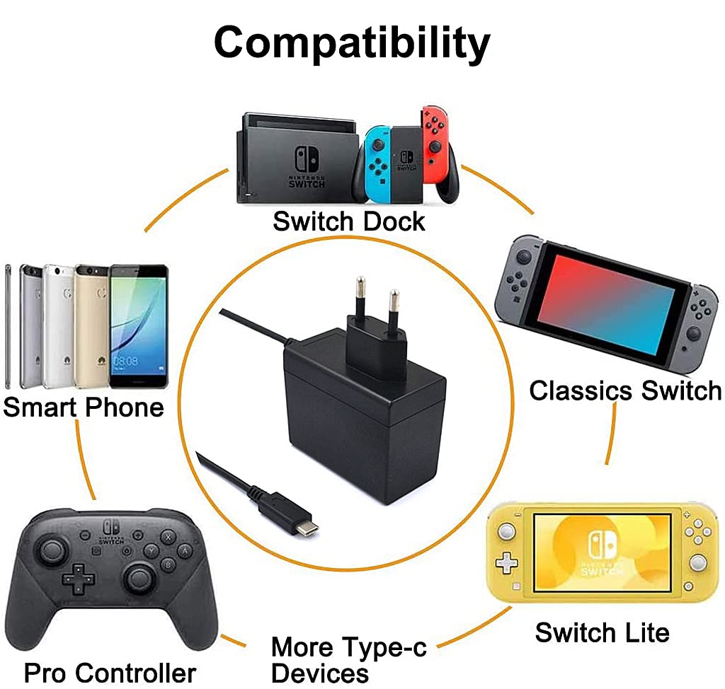 Verilux Type C Cable Fast Charging via USB-C (Portable and TV Mode) Switch Power Adapter Fast Charger Switch Charging Cable for simultaneous Charging and Playing Your Switch Lite