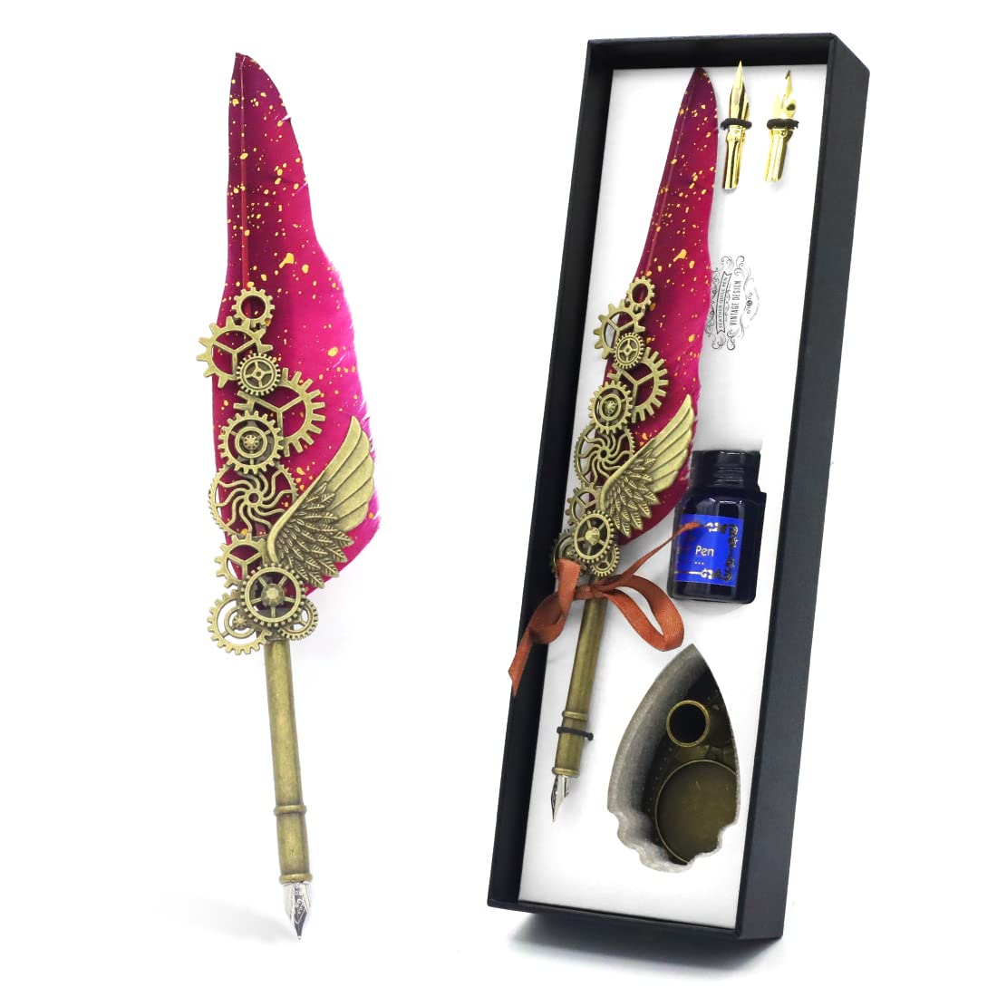 ZORBES® Red Mechanic Style Quill Calligraphy Feather Pen and Blue Ink Set with 2 Replacement Nibs and Pen Holder, Vintage Signature Fountain Pen Dip for Gift