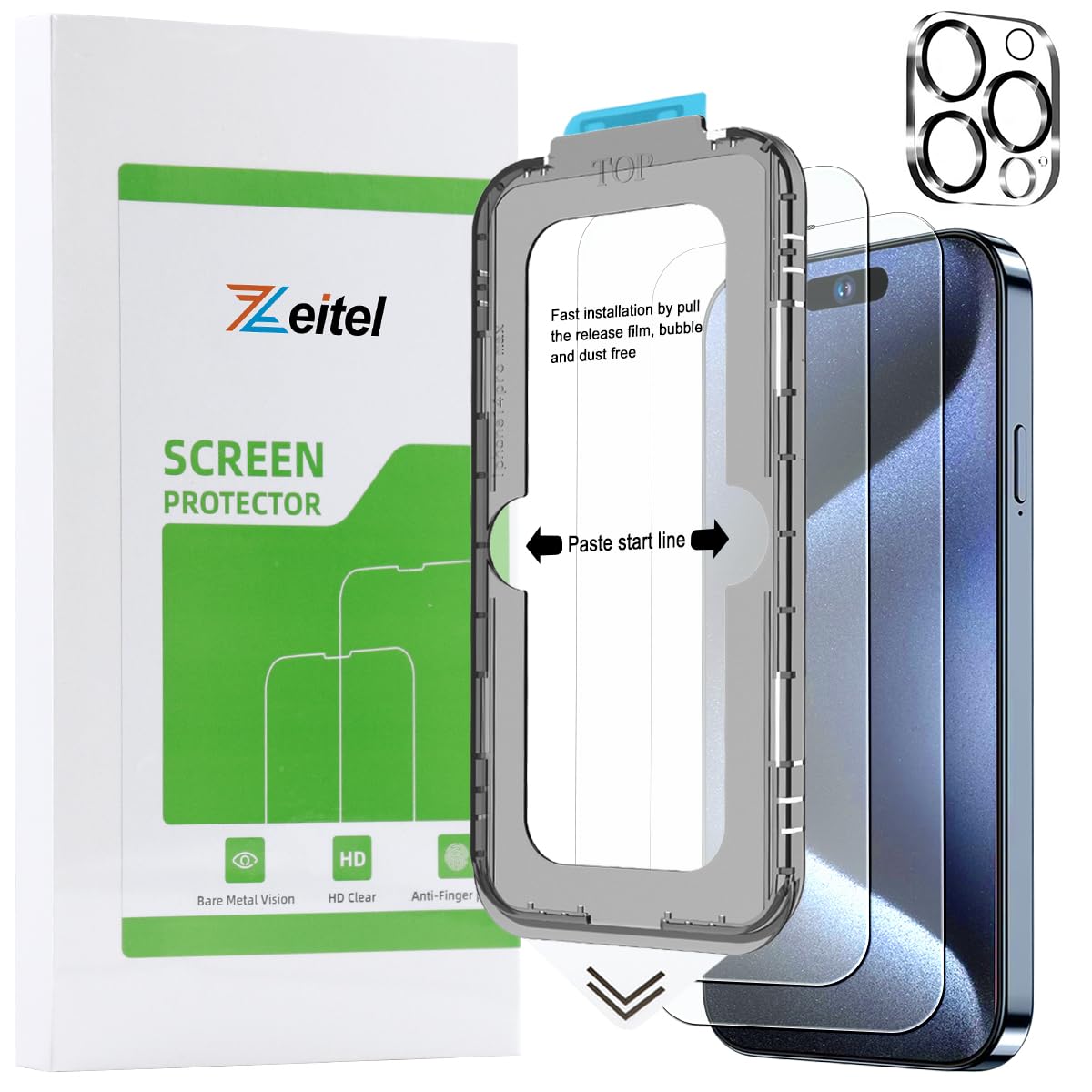 Zeitel® Tempered Glass Suitable for iPhone 15 Pro Max 6.7 Inch with Anti Fingerprint Screen Protector Auxiliary Installation Kit 2 Scratch Resistant Screen Protectors and 1 Lens Protector