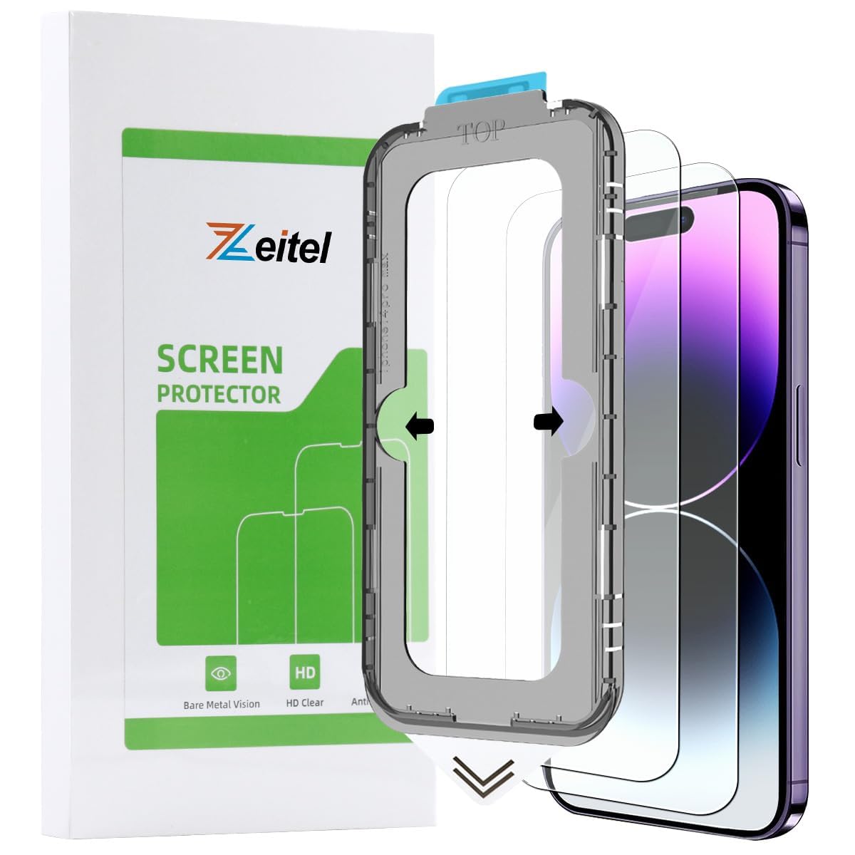 Zeitel® Tempered Glass Suitable for iPhone 15 Pro Max 6.7 Inch with Anti Fingerprint Screen Protector Auxiliary Installation Kit 2 Scratch Resistant Screen Protectors and 1 Lens Protector