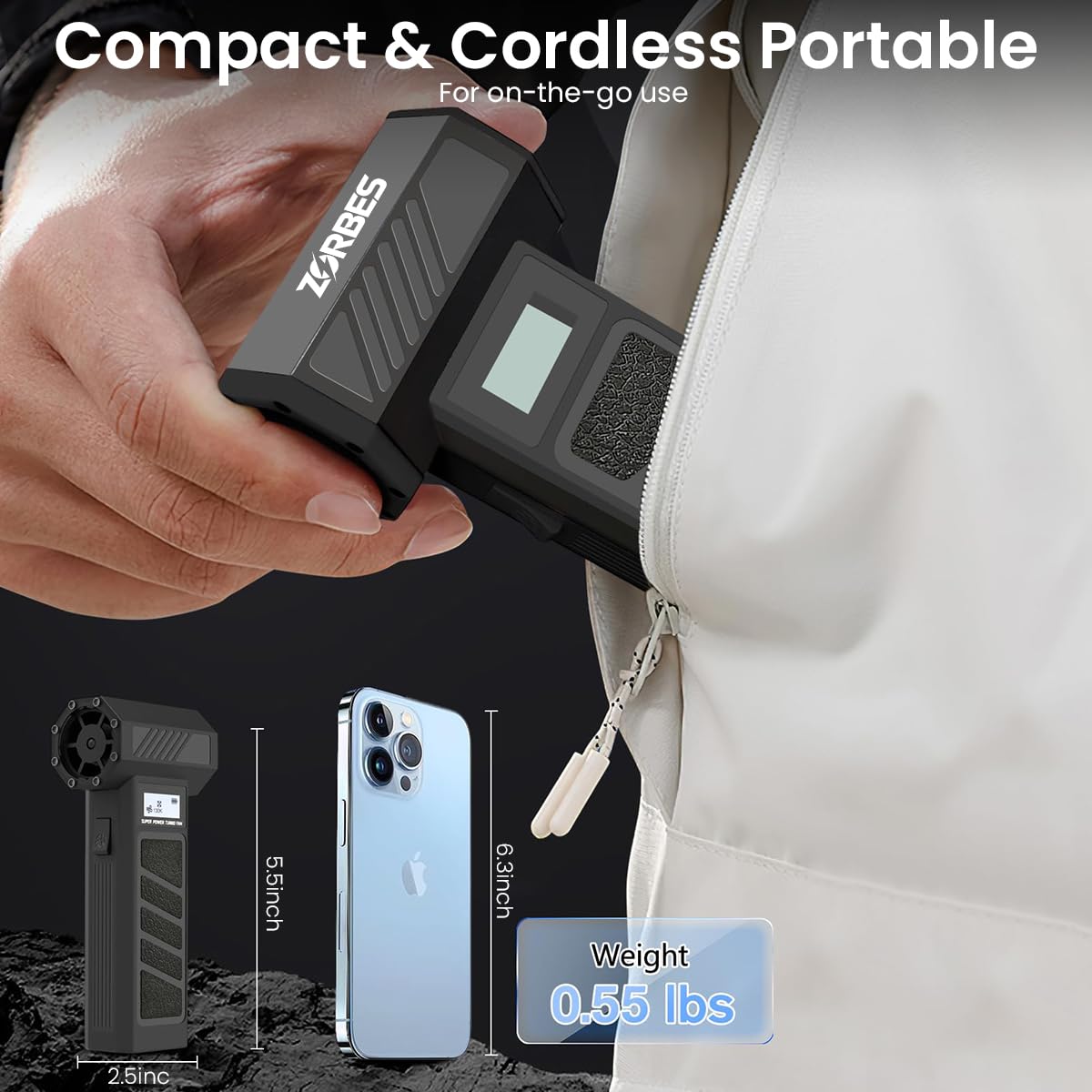 ZORBES® Handheld Air Duster, Mini Blower Fan Turbo Jet Blower with Display, 2 Nozzles Ultra Strong 4 Stage Wind Adjustment, USB LED Portable Air Blower for Car Cleaning Computer Keyboard Travel Hiking