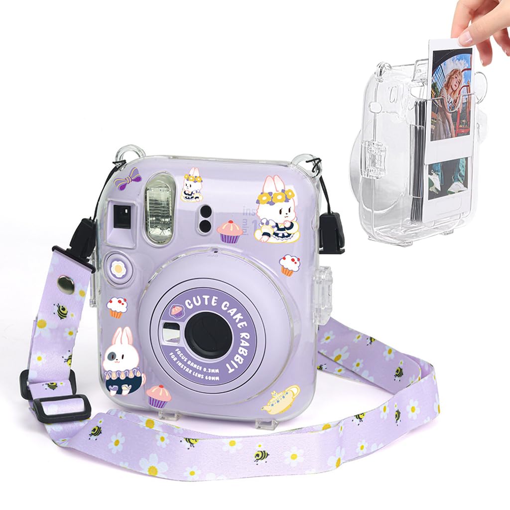 ZORBES® Protective Camera Case for Fujifilm Instax Mini 12 Clear Case with Photo Slot Design, Travel Camera Case for Fujifilm Instax Mini 12 with Adjustable Shoulder Strap, Cartoon Sticker