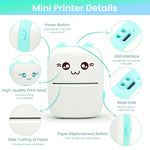 Zeitel® Mini Bluetooth Thermal Label Printer, Cartoon Label Printer Inkfree Photo Printer for Android & iOS System, Black on White Thermal Printer with 1 Roll HD Print Paper & Stickers, Blue