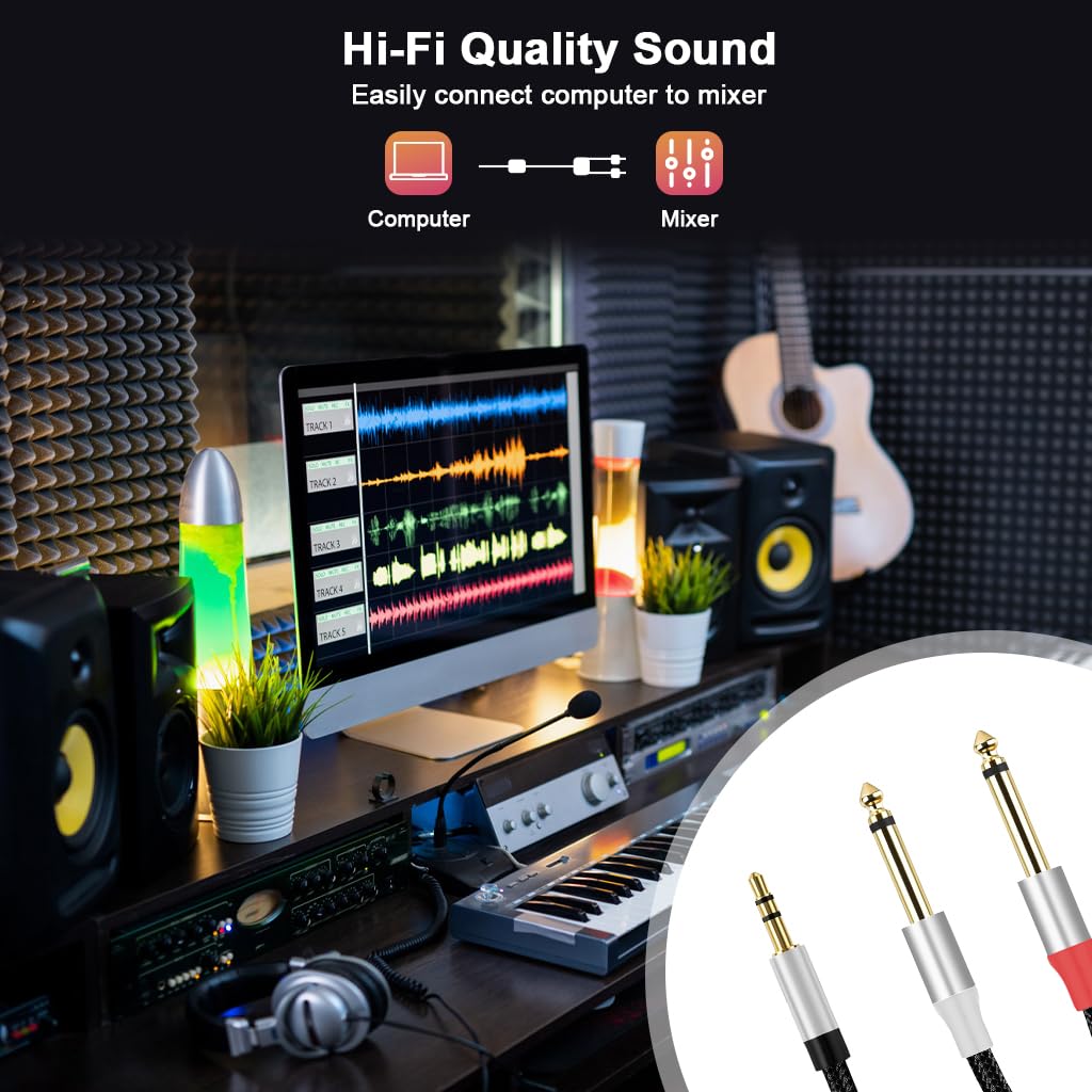 Verilux 3.5mm to Dual 6.35mm Aux Cable for Speakers with Nylon Braid 9.8 ft | Stereo Audio Splitter