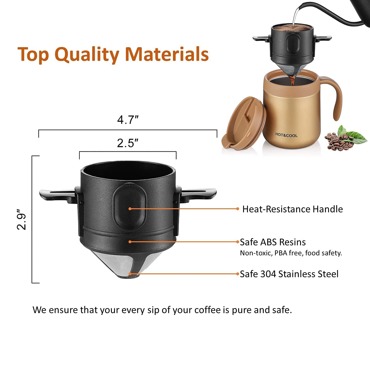 Verilux Filter Coffee Maker Double Mesh Pour Over Coffee Filter Food Grade Stainless Steel Plastic Coffee Dripper 100% Paperless Maker Foldable to