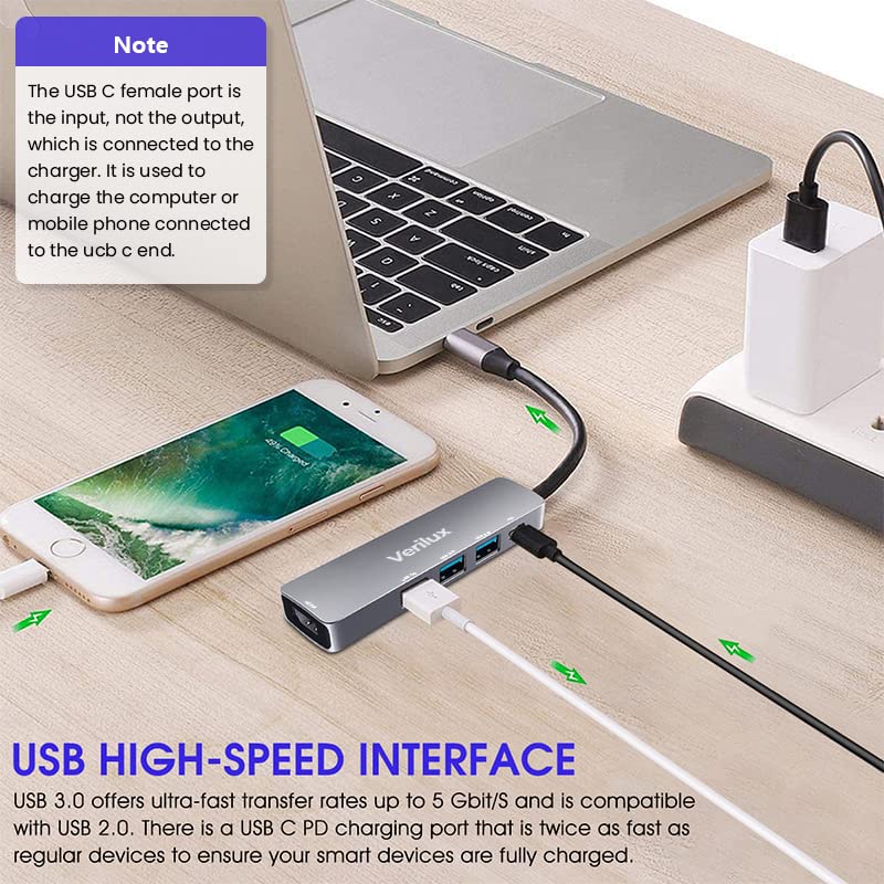 Verilux USB C Hub 5 in 1 with 4K HDMI and 55W PD Charging | Aluminum Multiport Adapter for MacBook