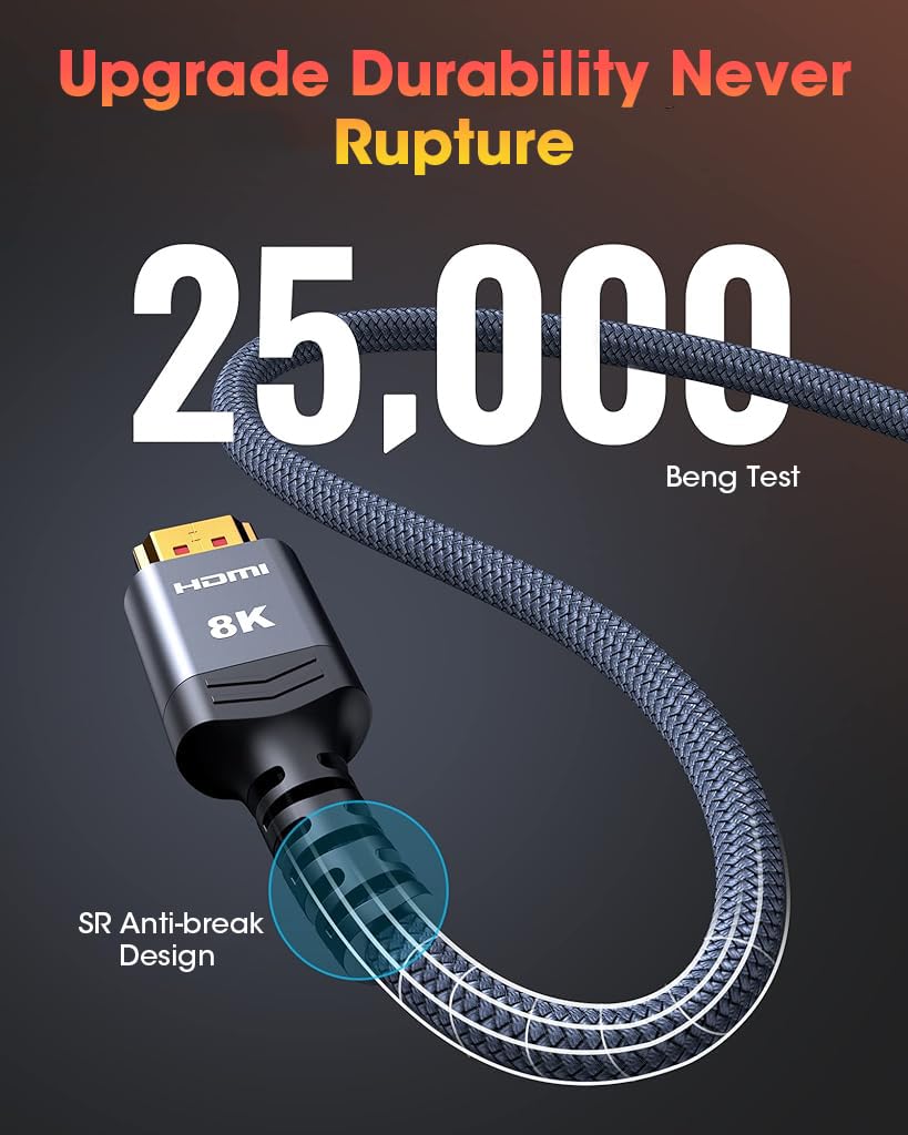 Verilux 8K HDMI Cable for TV and Gaming featuring 48Gbps Transfer & 9.8 ft Nylon Braid