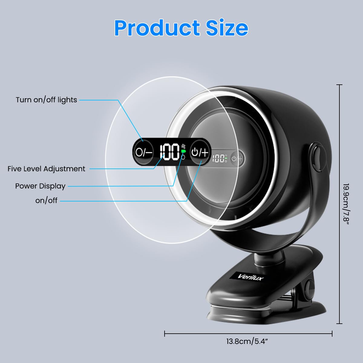 Verilux USB Mini Desk Fan for Home and Office with 7200mAh Battery featuring 360° Rotatable Clip | Night Light and Stepless Airflow Adjustment
