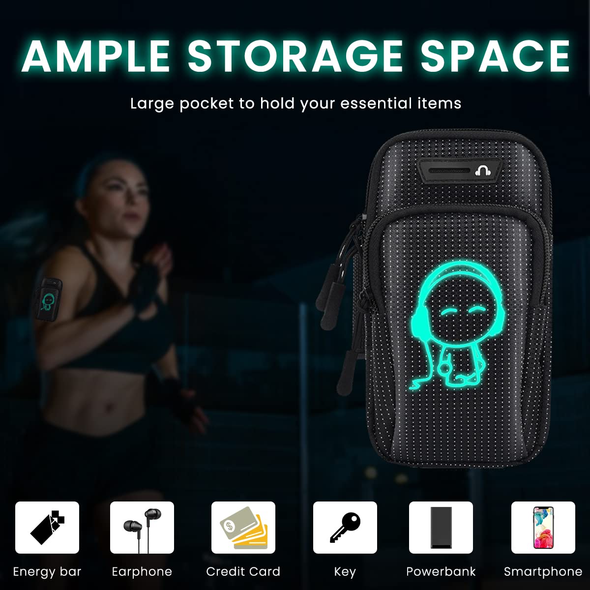 ZORBES® Armband for Mobile Phone Running with Luminous, Waterproof Phone Holder for Running for iPhone 14 PRO MAX/13/12, Large Capacity Arm Band with