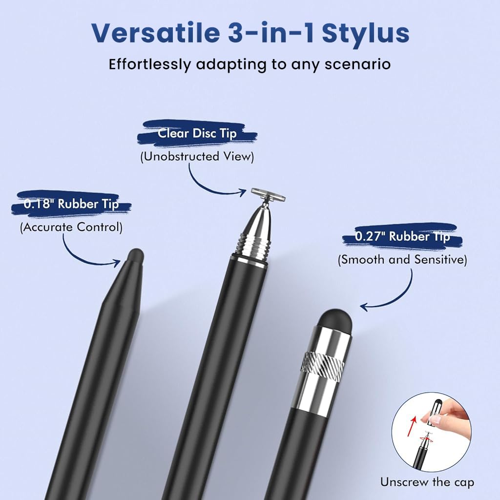 ZORBES® 2PCS 3 in 1 Stylus Pens for Touch Screens with 8Pcs Replacement Rubber Tips & 2 Disc Tips, High Sensitivity & Precision Capacitive Stylus Pencil for Apple iPad iPhone Tablets