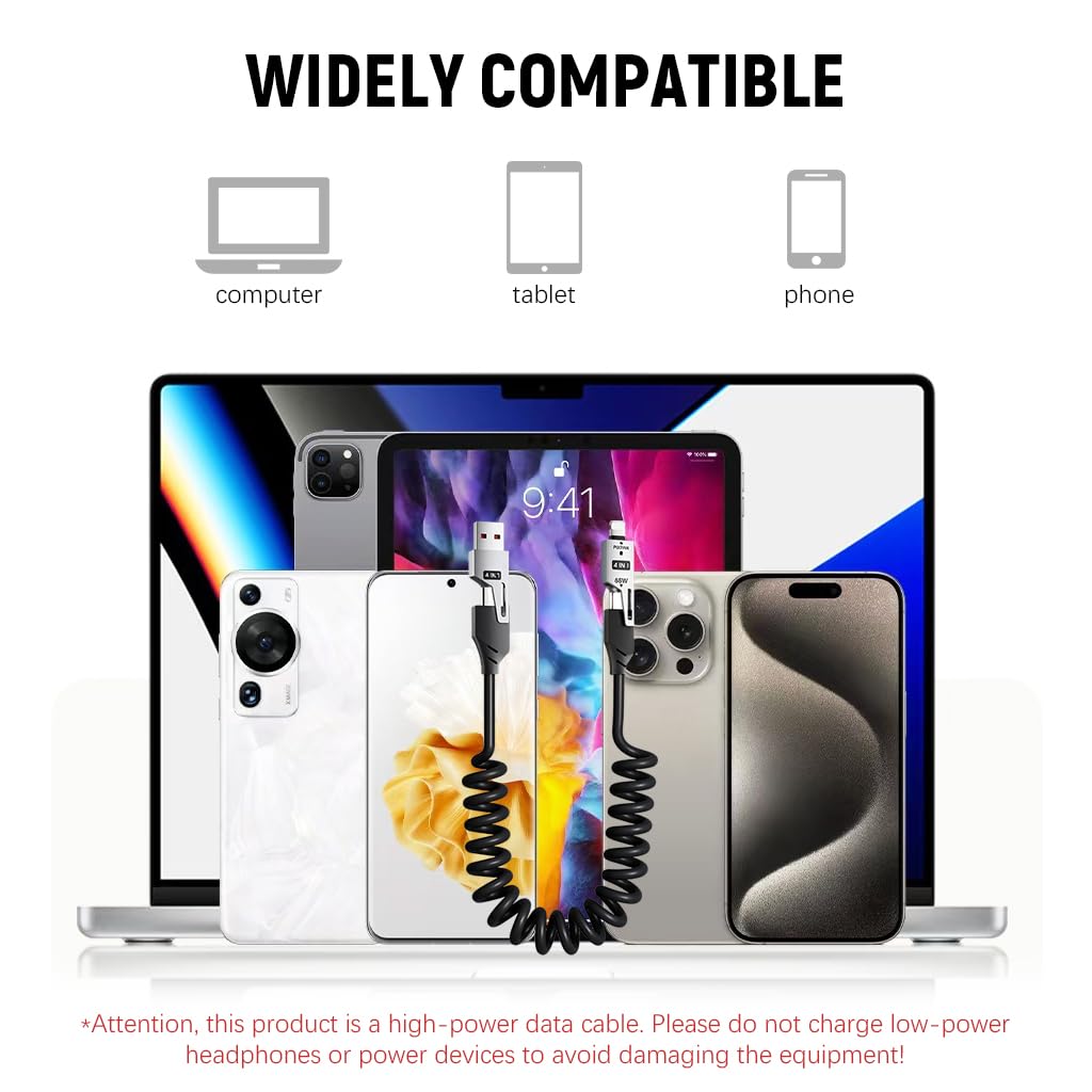 Verilux Type C Cable 4 in1 Fast Charging 65W with Spring Coiled Design and 480Mbps Data Transfer