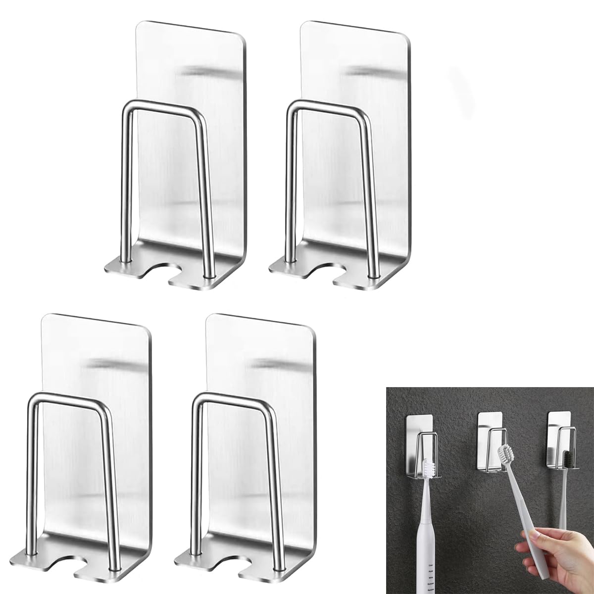 Serplex® 4Pcs Toothbrush Holders for Bathroom Wall Wall-Mounted Toothbrush Holder Self-Adhesive Stainless Steel Mount Stand Stainless Steel Cup Holder Toothbrush Rack Toothbrush Cup Drain Rack