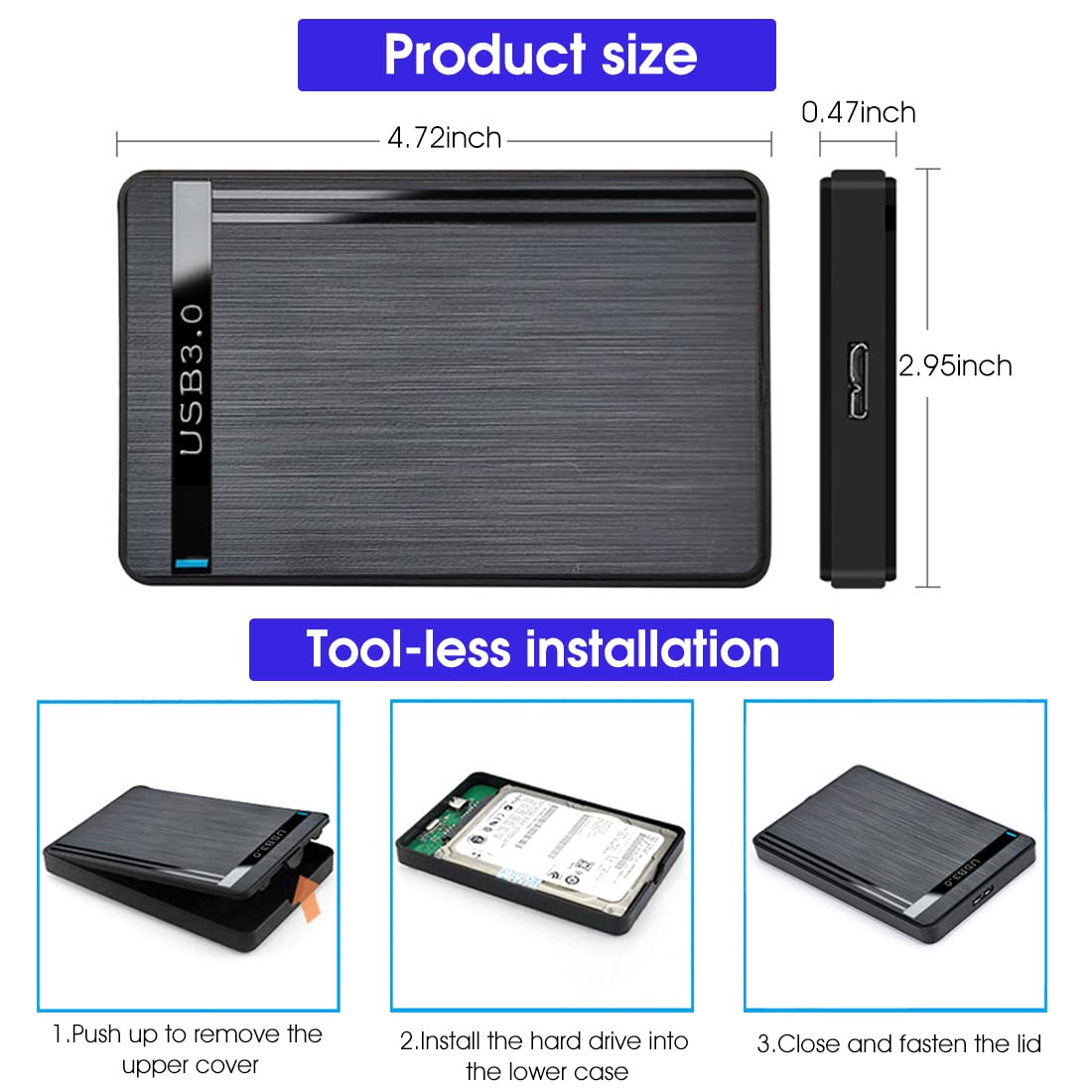 ZORBES® 2.5 inch Hard Drive Enclosure, SATA to USB 3.0 Adapter Tool-Free External Hard Drive Case, Hard Disk Casing Supports UASP SATA III, Optimized for 2.5-inch SSD/HDD, Black