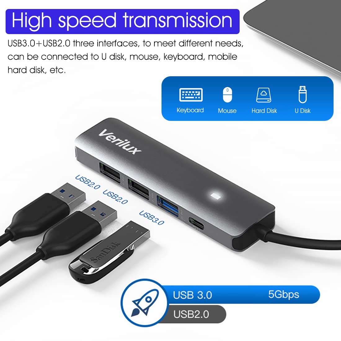 Verilux USB C Hub, 5 in 1 Type C Hub Portable Multiport USB C Adapter with 4K@30Hz HDMI Output, USB 2.0/3.0 Ports,USB C 100W PD for MacBook Pro/Air M1, iPad Pro 2021,XPS, Surface Pro and More