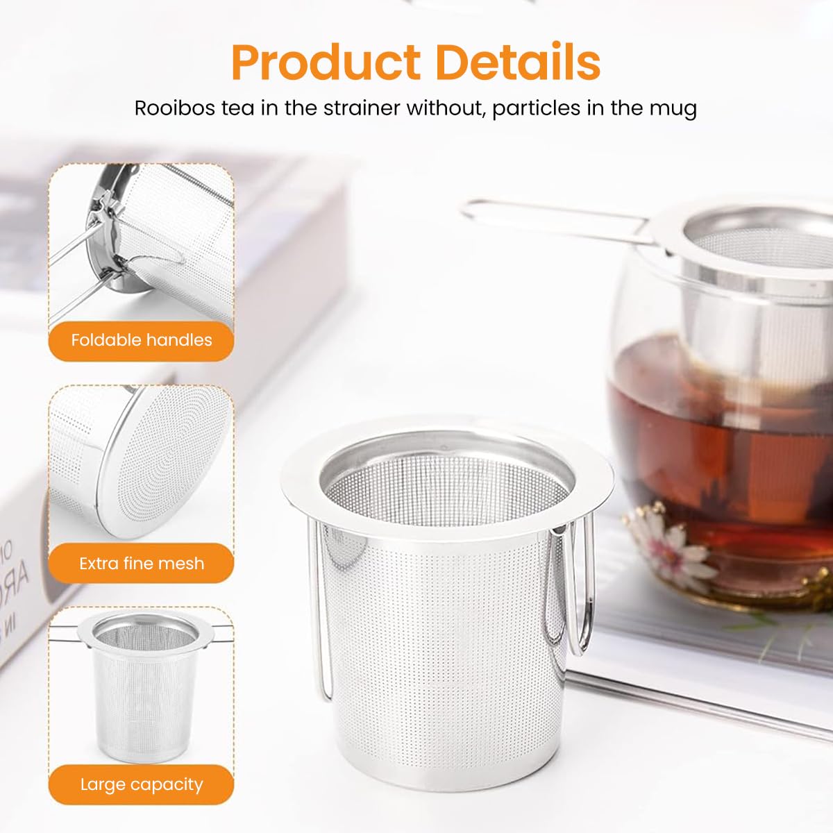 Zeitel® 304 Stainless Steel Tea Infuser Tea Strainer with Folding Ears Tea Filter for Loose Tea Chamomile, Green Tea Loose Leaves 5 inches Fine Mesh Strainer for Teapots, Cups, Mugs