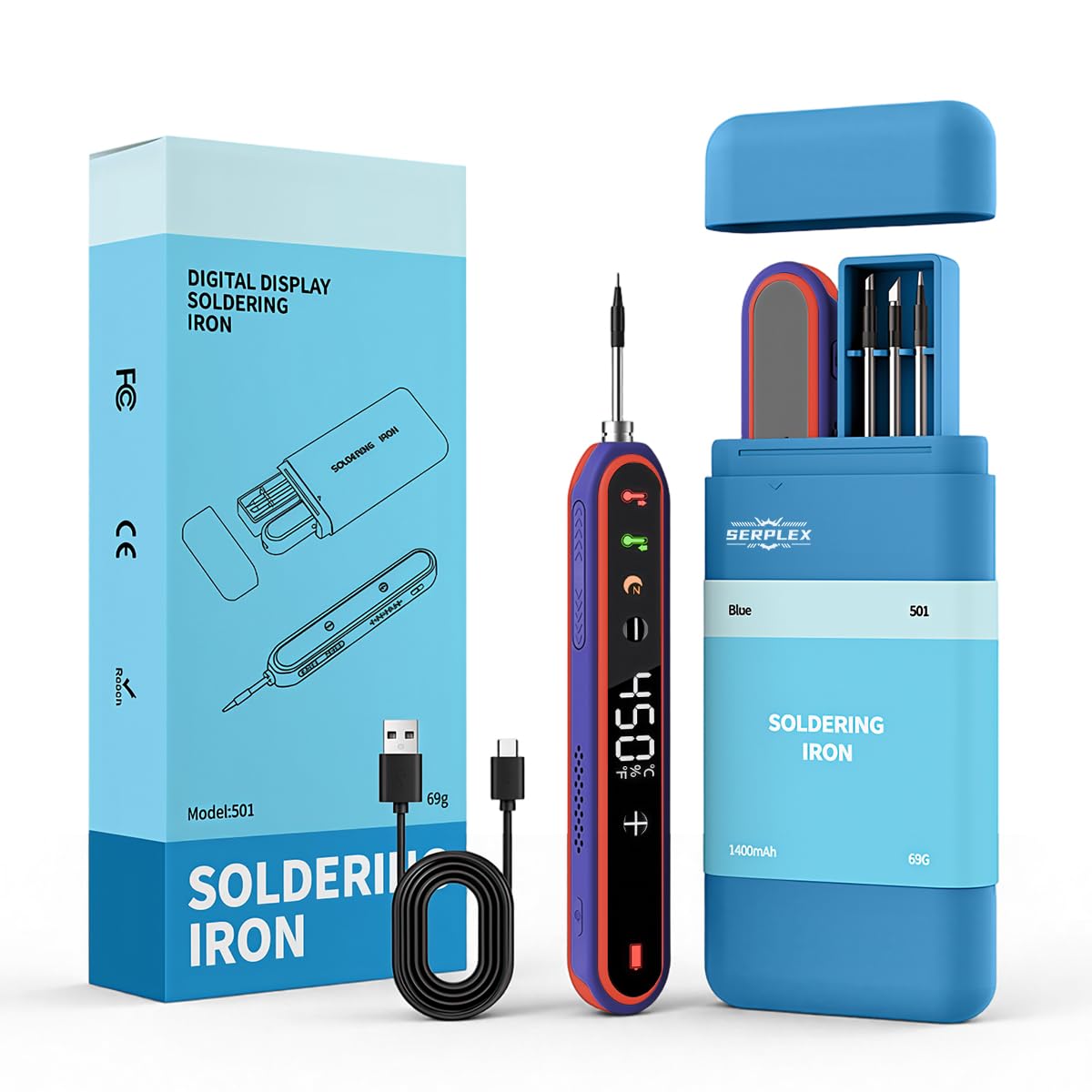 Serplex® USB Cordless Soldering Iron Kit, 1400mAh Soldering Iron Pen with 3 Interchangeable Heads, 350-450 °C Adjustable Temperature with LCD Display, Fast Heat, for Home Appliance Repair, DIY Crafts