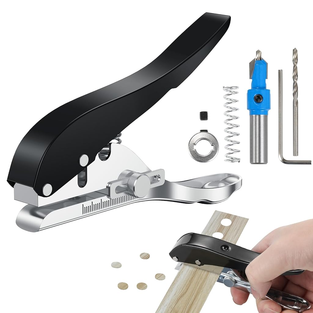 Serplex® Manual Hole Punch Kit Heavy Duty Spring Loaded Hole Punch, 10mm Hole Size, Maximum Thickness 1.2mm Punching Tool for Wooden Edge Bands, Plastic Sheets, Paper, with Drill & Drill Stop Collar