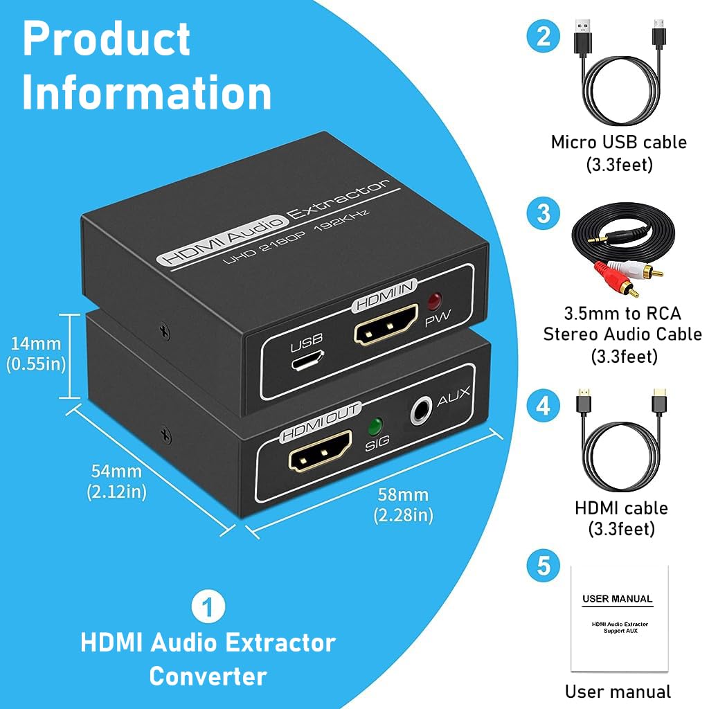 Verilux® HDMI Audio Extractor, 4K HDMI to HDMI with Audio 3.5mm AUX Stereo and L/R RCA Audio Out, HDMI Audio Converter Adapter Splitter Support 4K 1080P 3D Compatable for PS3 Xbox Fire Stick.