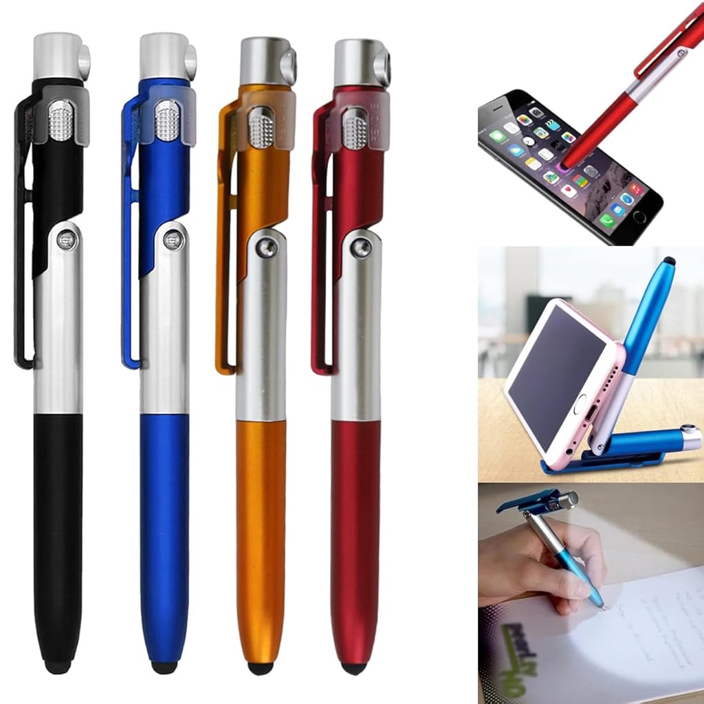 ZORBES® 4Pcs Multifunction Stylus Pen for Phone with Folding Stand, Retractable Ballpoint, LED Light Compact 4-in-1 Tool for Tech Enthusiasts and Professionals Portable Desk Pen and Phone Holder