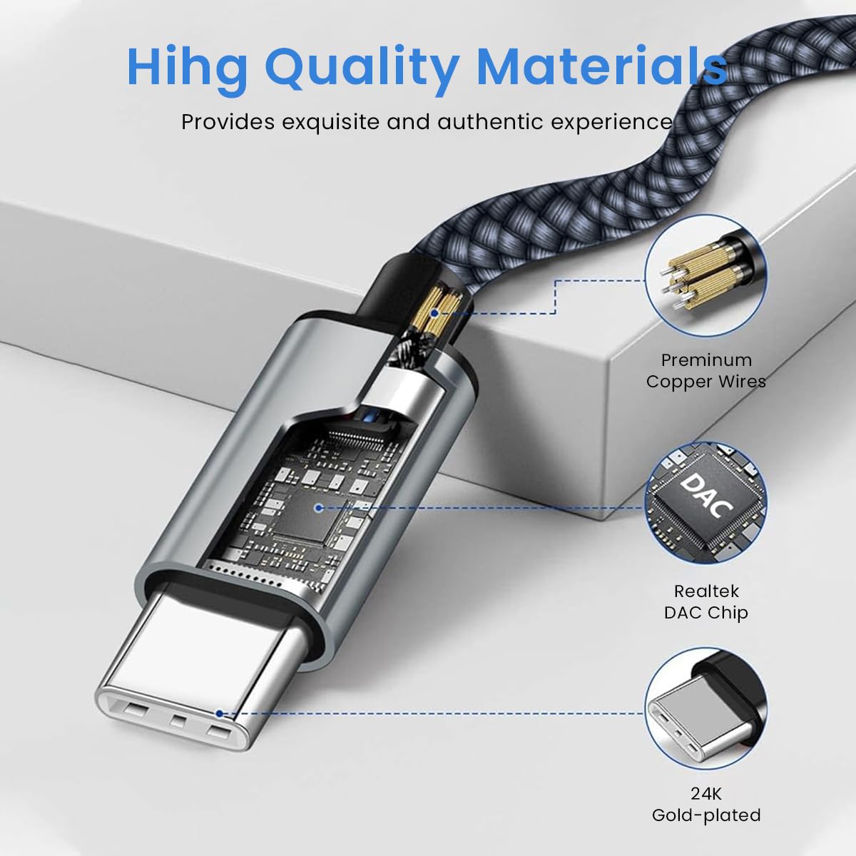 Verilux 2 in 1 Type C to 3.5mm Audio Cable for Car Use featuring Realtek DAC | Nylon Braided