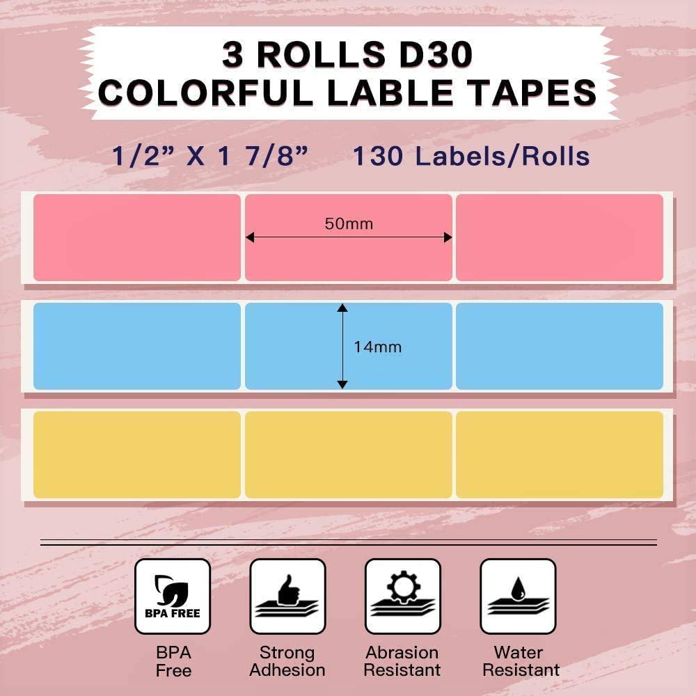 Zeitel® 3 Rolls Thermal Label Roll for D30 Thermal Label Print Paper Unique Nebula Pattern Print Label Paper 14mm x 50mm, 130 Labels per Roll, D30 Thermal Label Roll Replacement