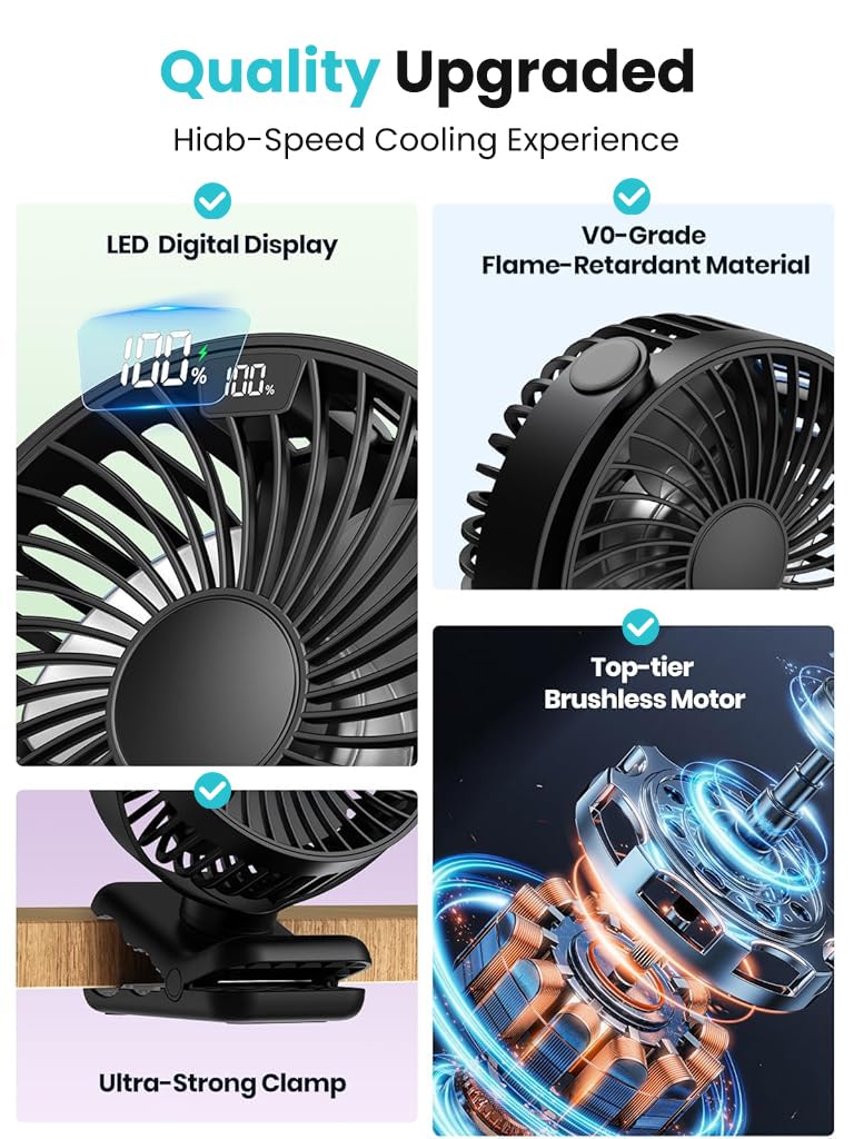 Verilux USB Desk Fan for Stroller and Desk with 5000mAh Battery featuring Clip-On Design | Quiet 4-Speed Cooling