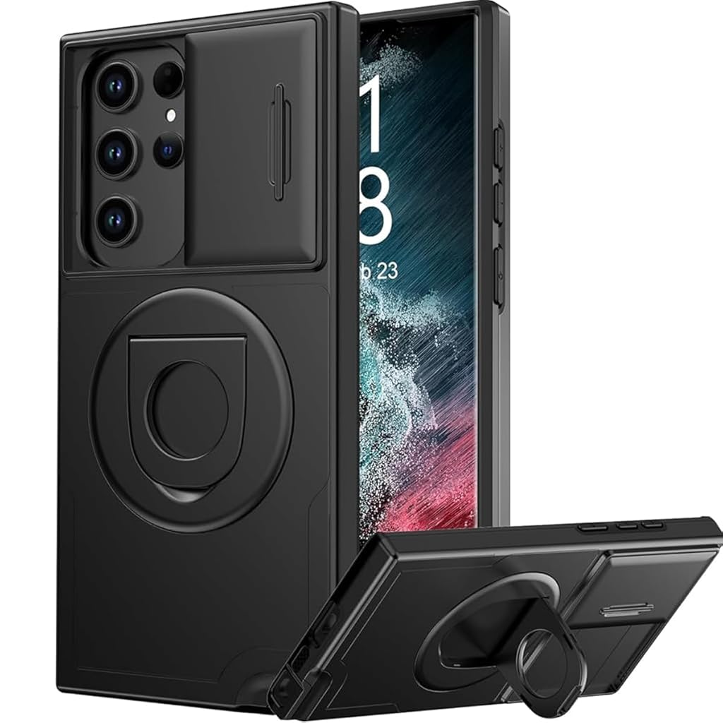ZORBES® Phone Case for Samsung Galaxy S22 Ultra Anti-scratch TPU Phone Case with Intergrated Camera Sliding Cover 6.8" Fashion Multifunctional Magsafe Phone Case with Ring Holder Phone Stand, Black