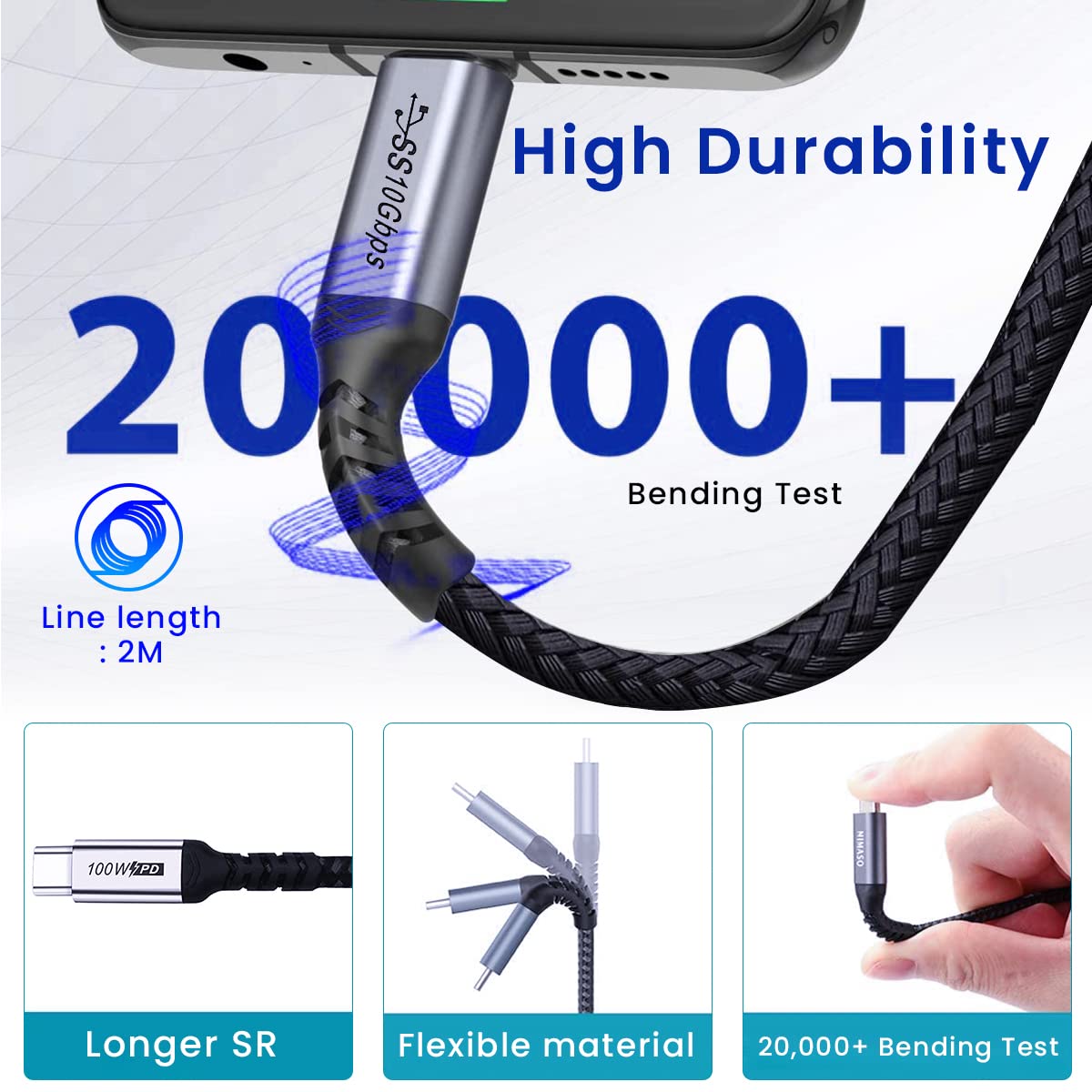 ZORBES® Type C to Type C Cable 100W 6.5Ft Fast Charging USB C Cable USB 3.1 Gen 2 10Gbps Data Transfer Supports 4K HD Video Output Thunderbolt 3 Compatible with MacBook Pro/Air,Hub,USB C Devices,Black