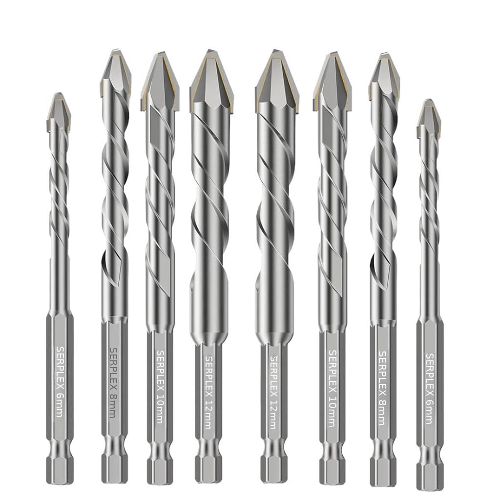 Serplex® 8Pcs Cemented Carbide Drill Bits Set, 6mm/8mm/10mm/12mm Masonry Drill Bits for Concrete, Brick, Stone, Ceramic Tile, Glass, High Hardness Skewed Head 1/4'' Hex Eccentric Twist Drills Bit