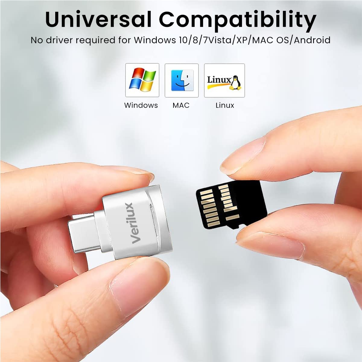 Verilux Micro SD Card Reader for Type C Devices with OTG Support and 480 Mbps Transfer | Silver
