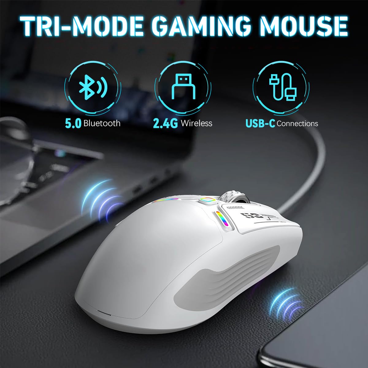Verilux Wireless Gaming Mouse for Esports with 12000 DPI Sensor and Swappable Shells | White