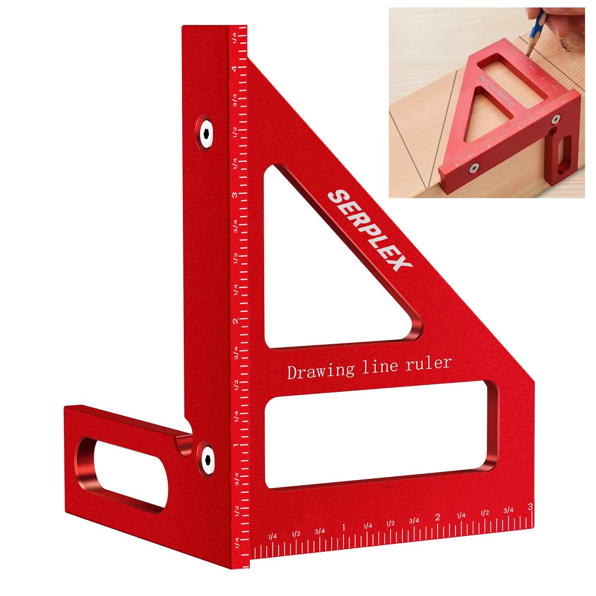 Serplex® Drawing Line Ruler L-Rule Woodworking Ruler 45° /90 ° Drawing Line Ruler Laser-etched Marks Design Precise Aluminum Alloy Measuring Tool Angled Woodworking Ruler